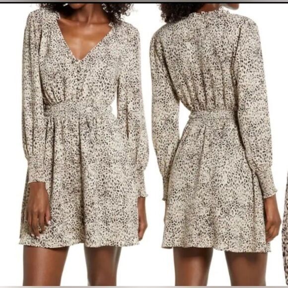 BB DAKOTA Steve Madden Taupe Leopard Print Smocked Mini Dress Size XS - Picture 12 of 12